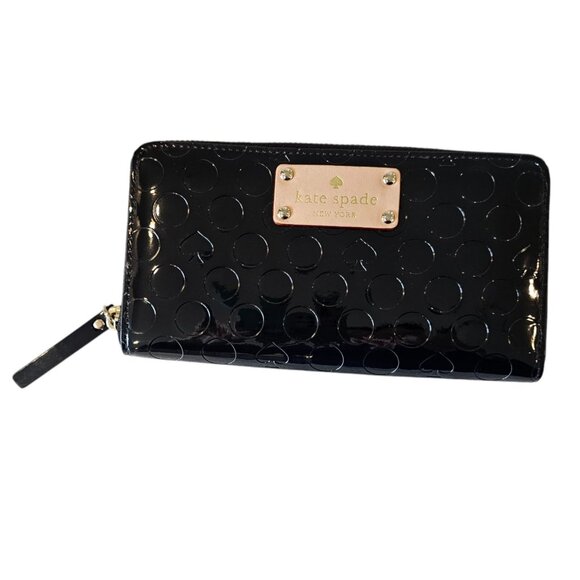 Kate Spade Black Patent Leather Zip Around Wallet Embossed‎ 8x4 Designer Shiny - Picture 1 of 13
